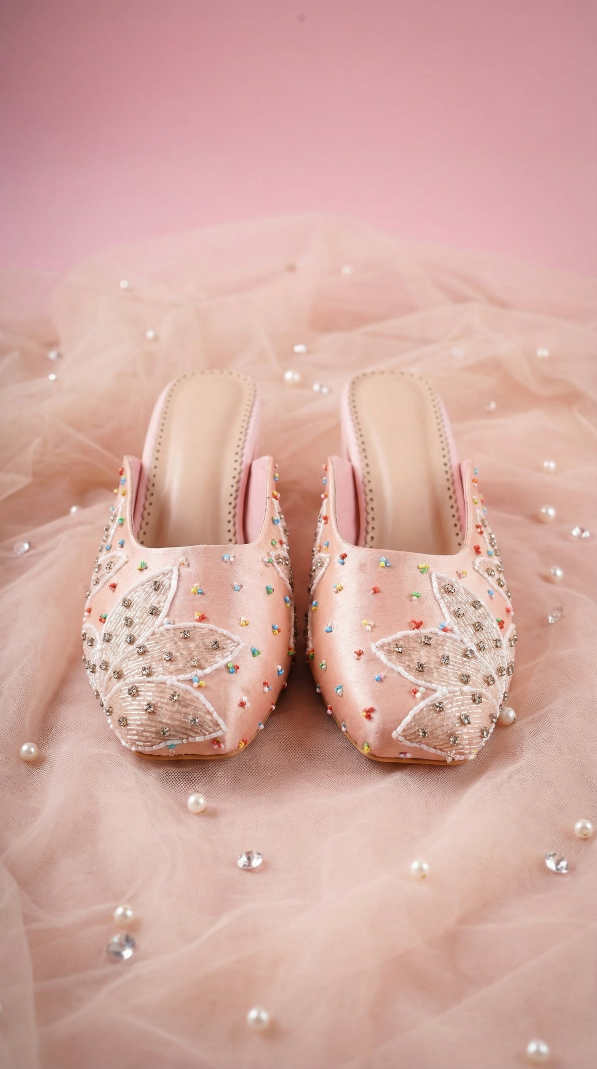 Peach Prism Blush Pink Beaded Lotus Block Heel Mule by Radiarte – Front View on Pink Tulle with Pearls