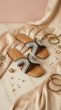 Kaaya Handcrafted Pearl Slide Flats – Top View with Gold Jewellery Flat Lay by Radiarte