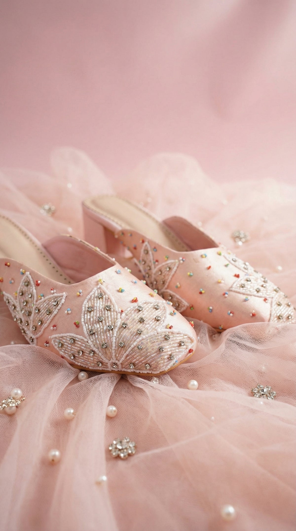 Peach Prism Handcrafted Pink Mule – Side View with White Lotus Beadwork on Pink Tulle by Radiarte