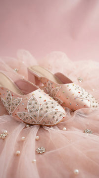 Peach Prism Handcrafted Pink Mule – Side View with White Lotus Beadwork on Pink Tulle by Radiarte