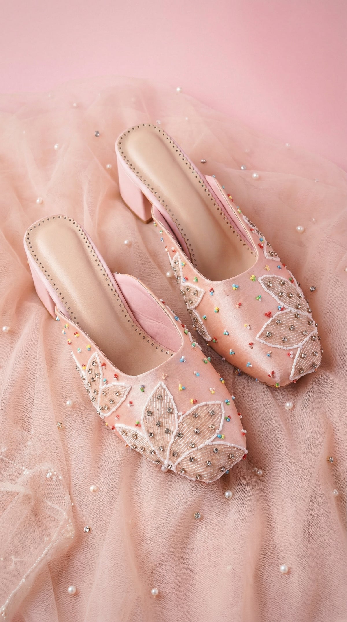 Peach Prism Blush Pink Block Heel Mule Pair – Top View with Multicolour Beads on Tulle by Radiarte