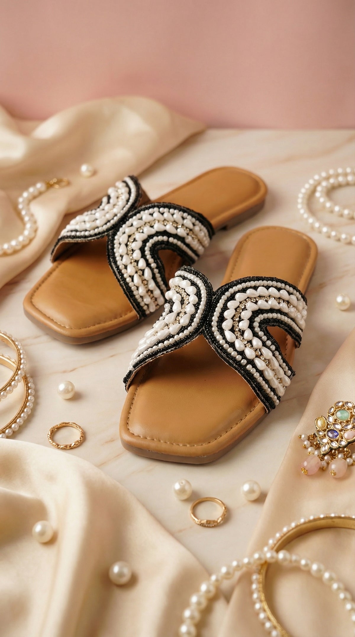 Kaaya Pearl Swirl Slide Flats Pair – Flat Lay with Bangles & Jewellery by Radiarte