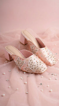 Peach Prism Pink Beaded Lotus Mule – 3/4 View with Scattered Pearls & Crystals by Radiarte