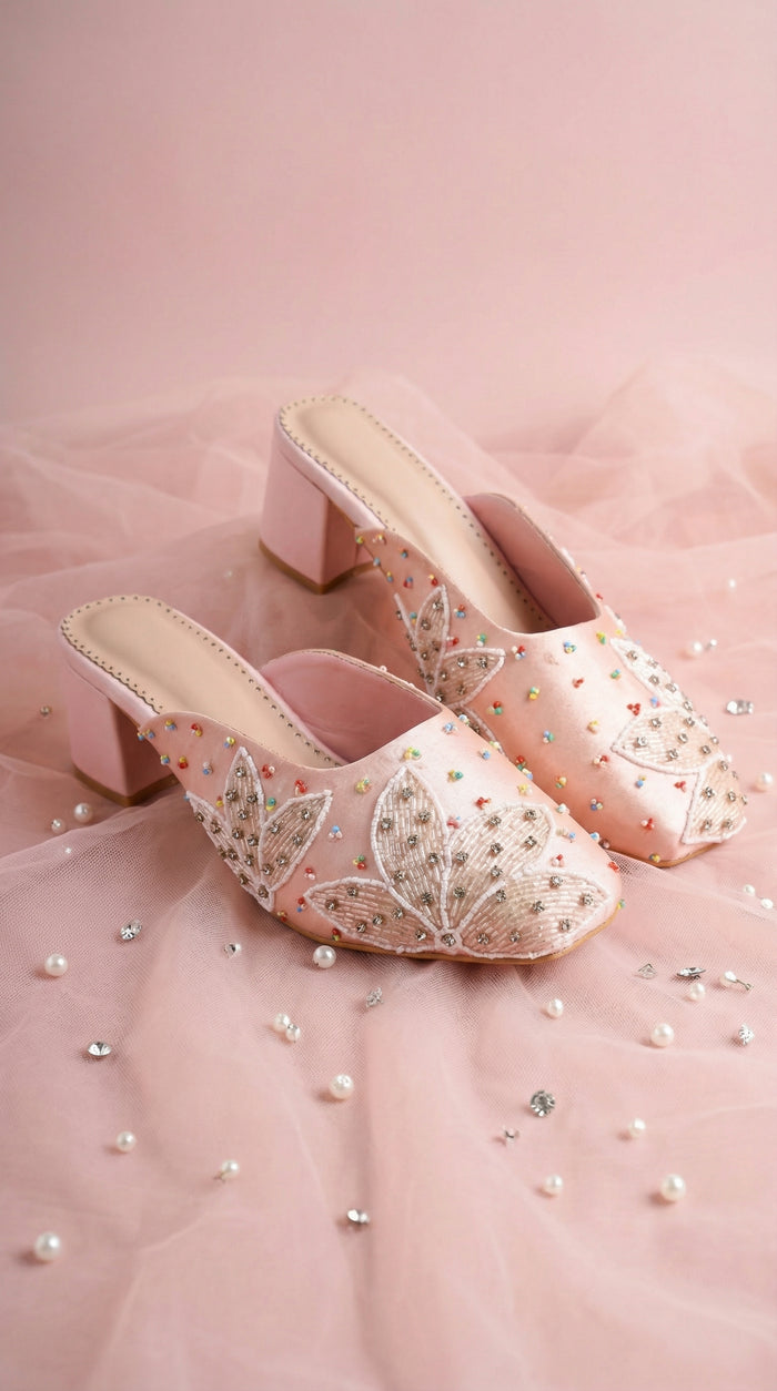 Peach Prism Pink Beaded Lotus Mule – 3/4 View with Scattered Pearls & Crystals by Radiarte