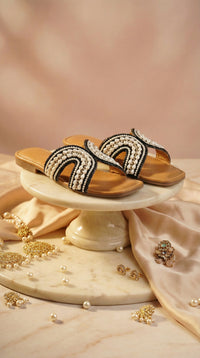 Kaaya Handcrafted Pearl Slide Flats on Marble Pedestal – Radiarte Festive Footwear