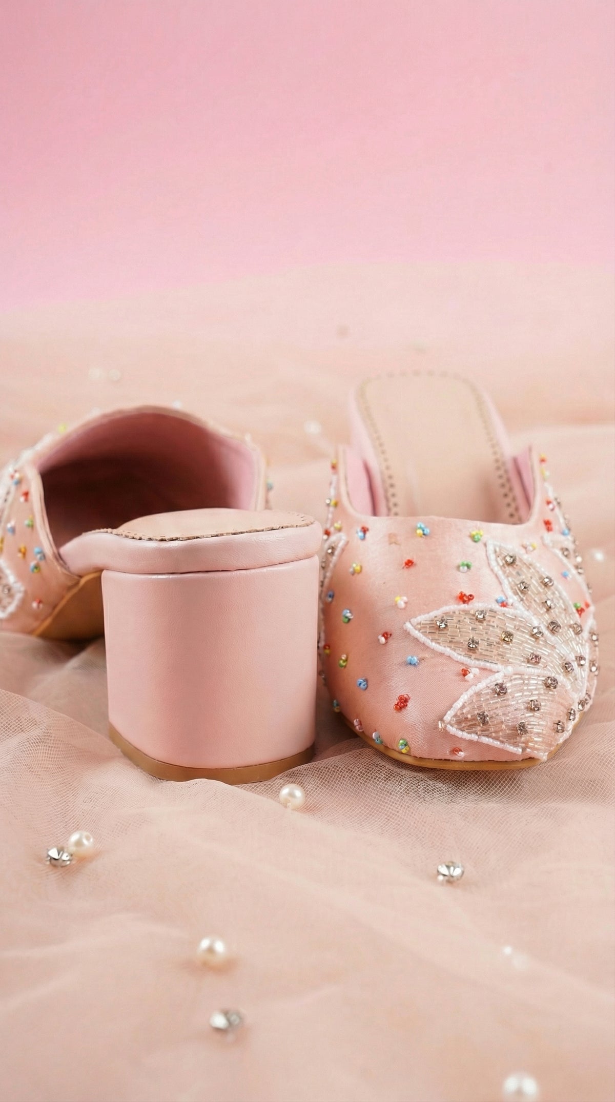 Peach Prism Block Heel Mule – Back View Showing Pink Block Heel & Crystal Beadwork by Radiarte