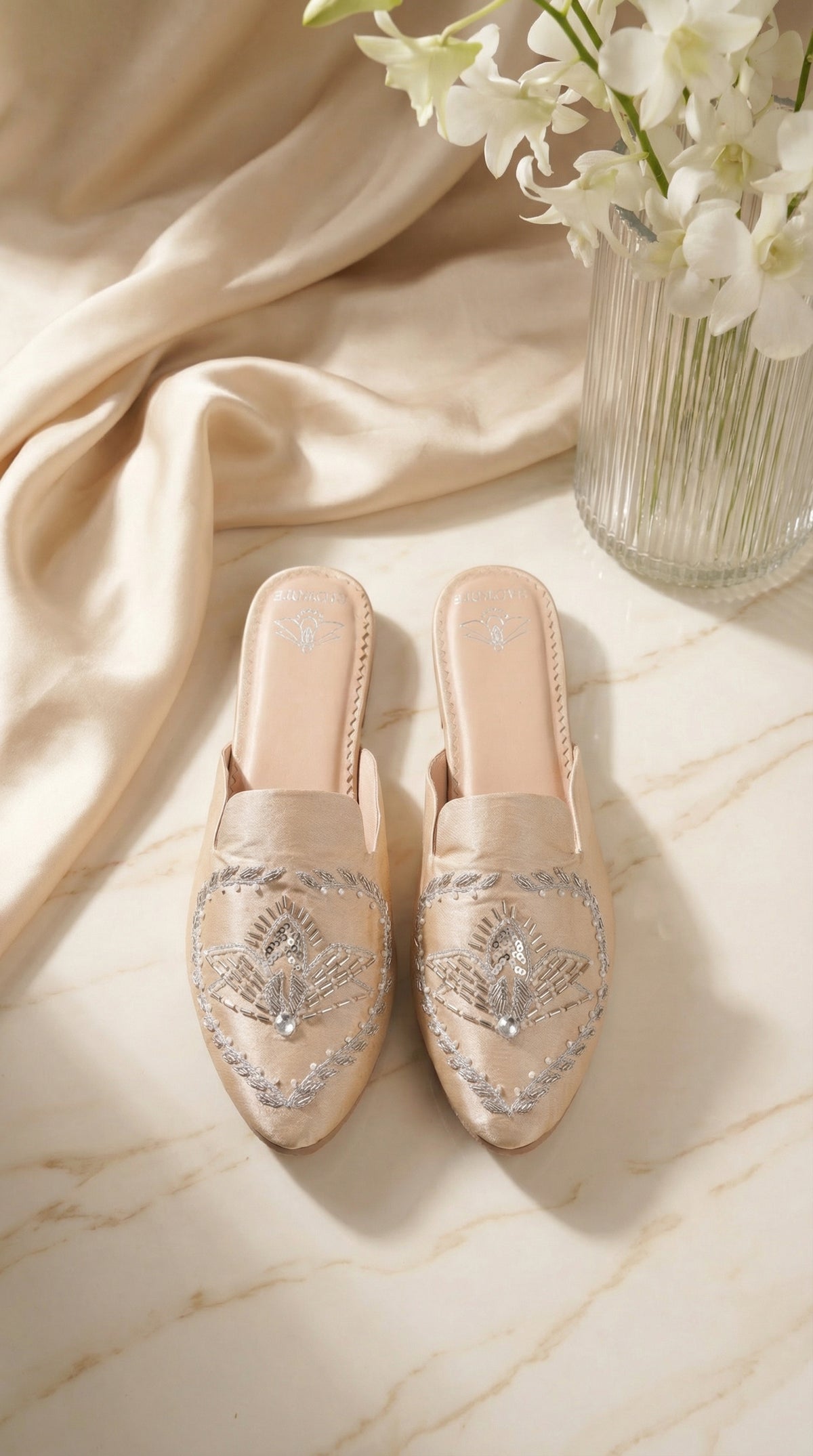 Radiant handcrafted embroidered mule flat pair – top view champagne beige silk with orchids