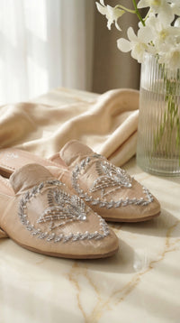Close-up of silver zardozi hand embroidery on Radiant nude mule flat – Radiarte