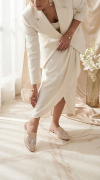 Radiant zardozi mule flat worn with white co-ord – handcrafted ethnic flat mule Radiarte