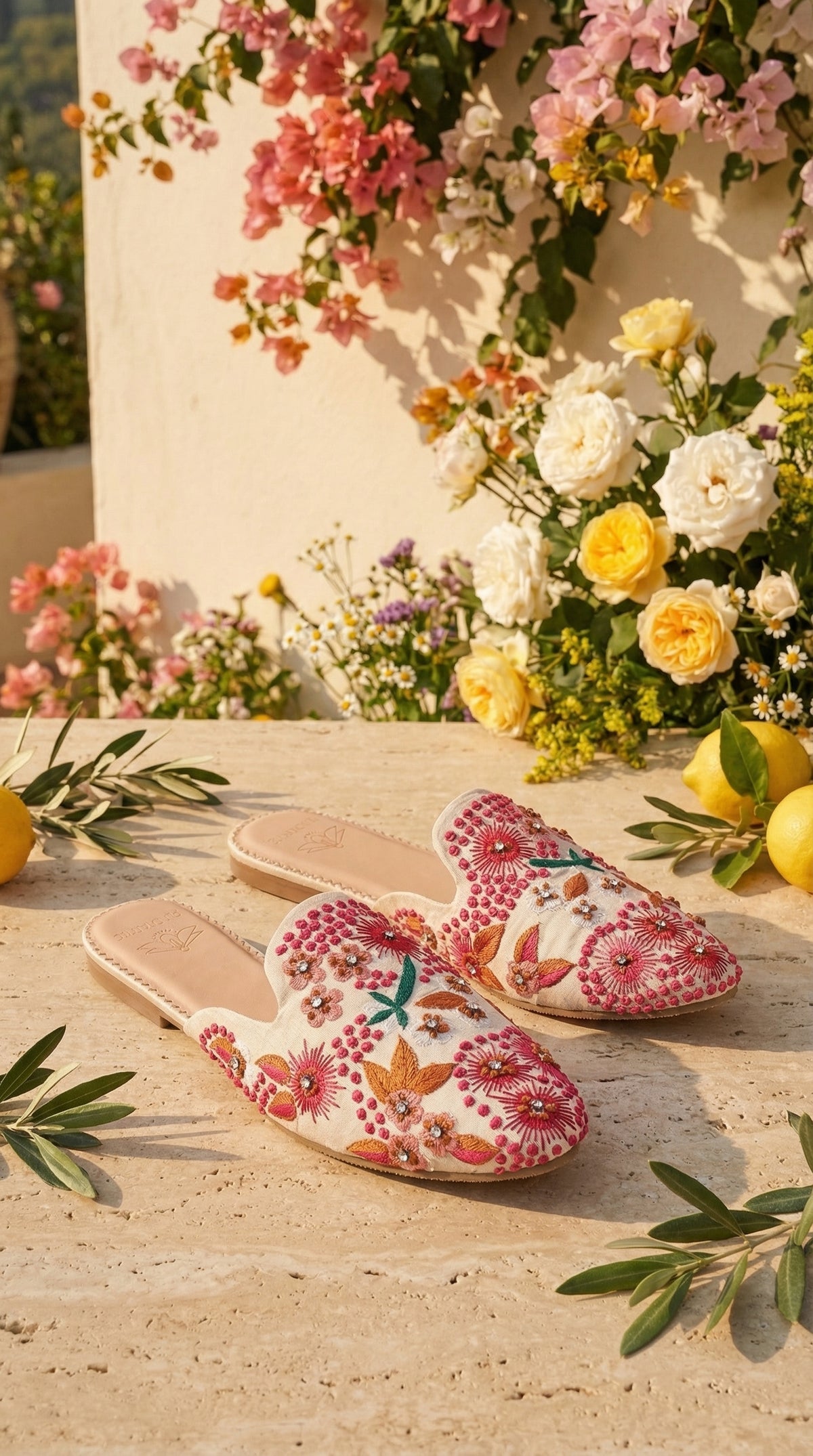 Pinkadoodle Ivory Pink French Knot Floral Mule Flat by Radiarte – Flat Lay on Stone Terrace with Roses & Lemons