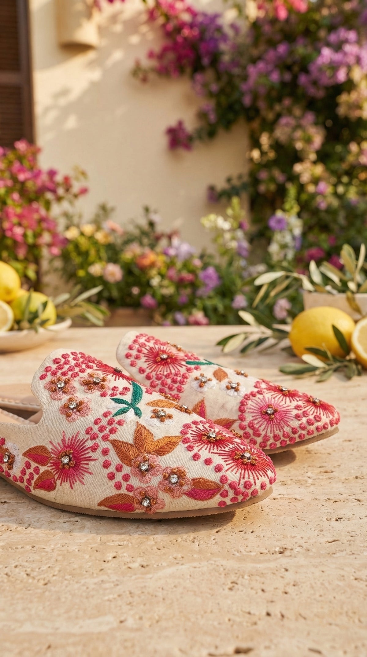 Pinkadoodle Handcrafted Floral Mule Flat – Side View on Garden Terrace with Bougainvillea by Radiarte