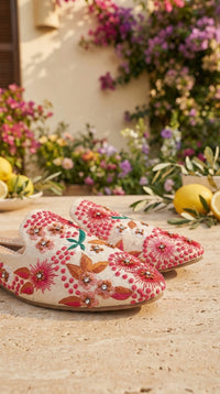 Pinkadoodle Handcrafted Floral Mule Flat – Side View on Garden Terrace with Bougainvillea by Radiarte