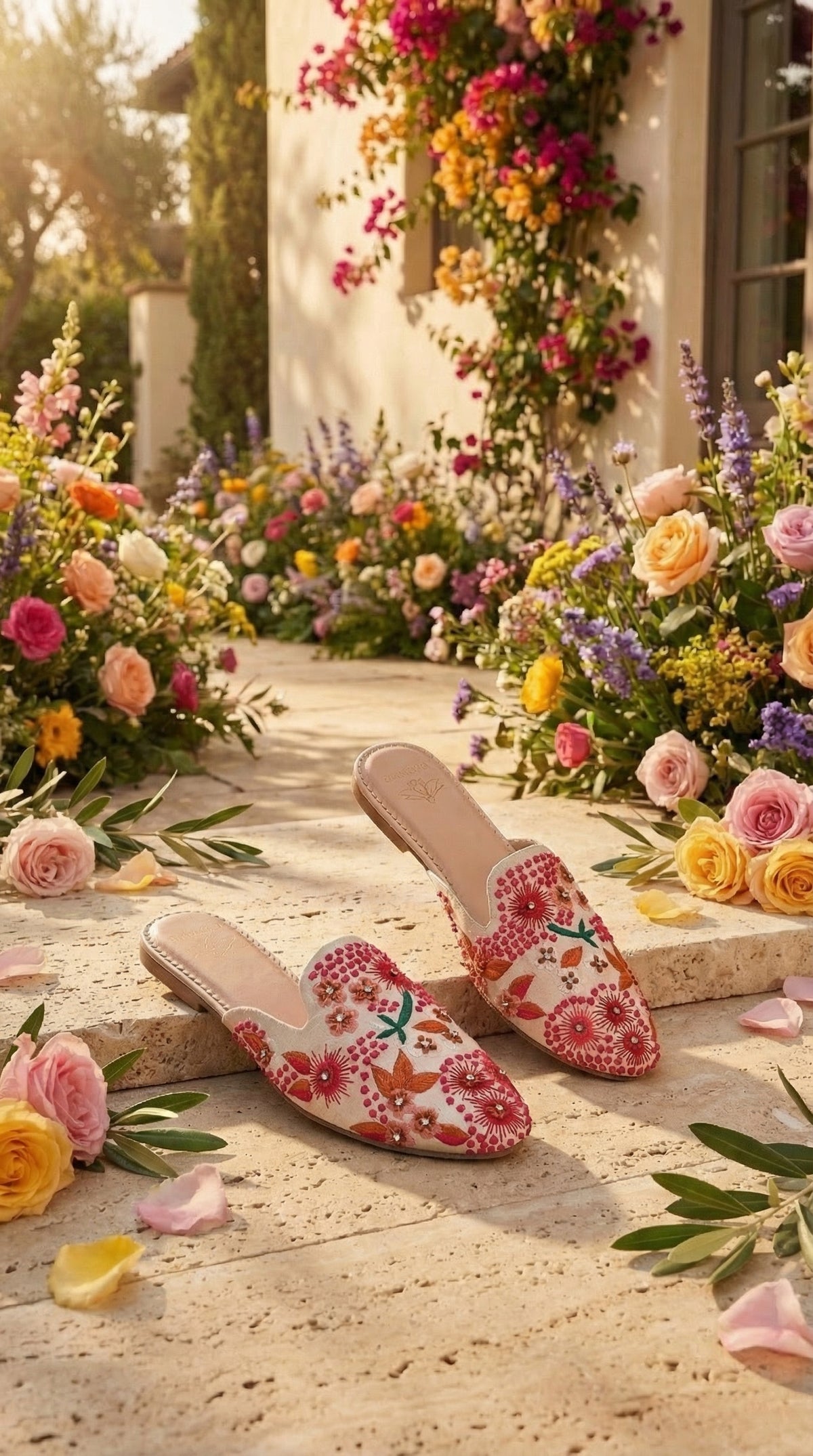 Pinkadoodle Pink Floral French Knot Mule – Garden Courtyard Display with Rose Petals by Radiarte