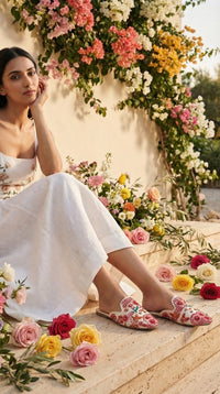 Pinkadoodle Ivory Embroidered Mule Flat worn with White Linen Dress in Flower Garden – Radiarte
