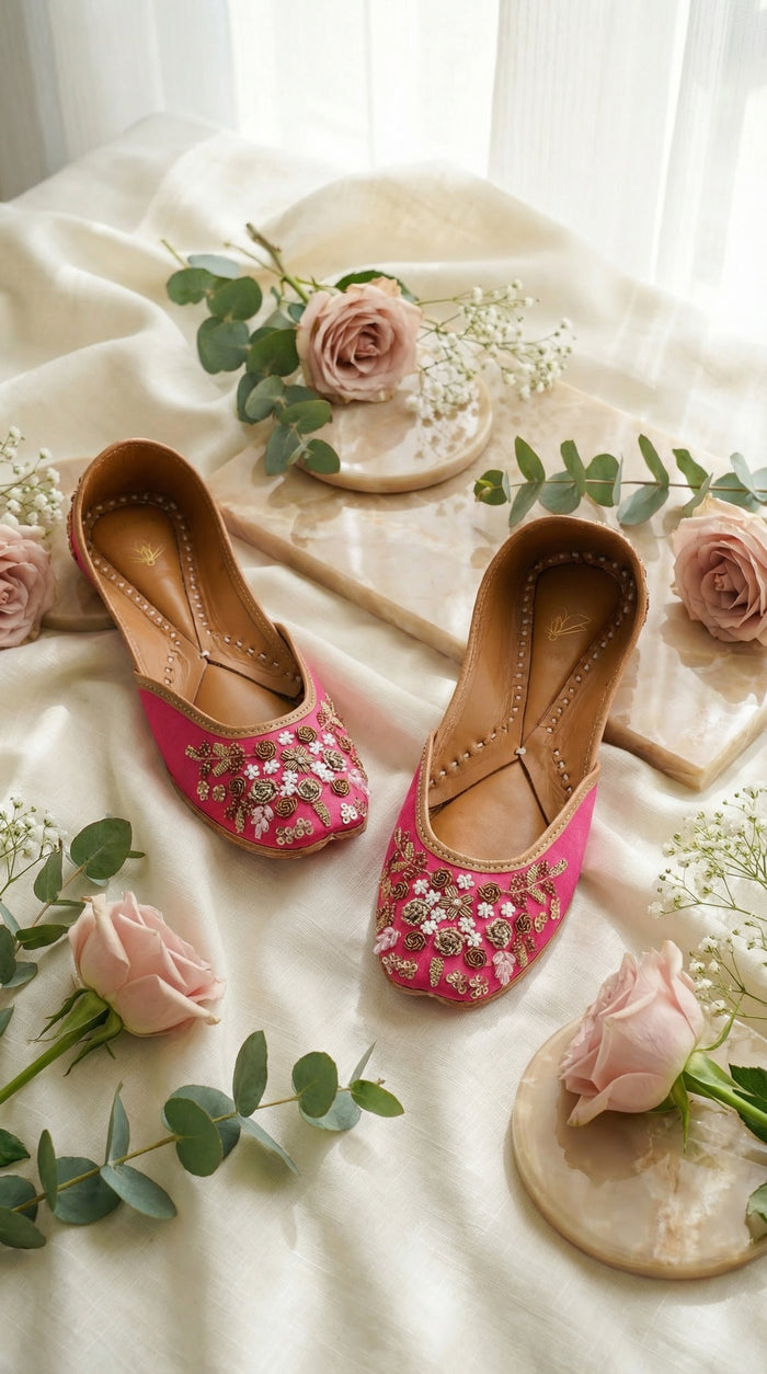 Jugnu Hot Pink Gold Floral Beaded Jutti by Radiarte – Flat Lay with Roses