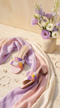 Phulkari 2.0 Pastel Checkerboard Heel Slide Pair – Flat Lay with Lavender Ombre Dupatta & Rings by Radiarte