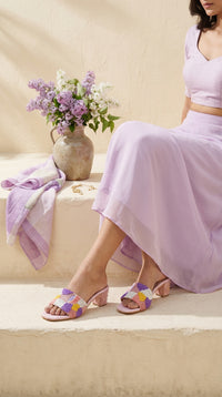 Phulkari 2.0 Blush Pink Punch Needle Heel Slide worn with Lavender Coord Set – Radiarte Festive Footwear