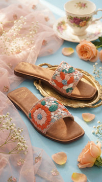 Phool Handcrafted Floral Slide Flat – Side View on Gold Tray with Peach Roses by Radiarte