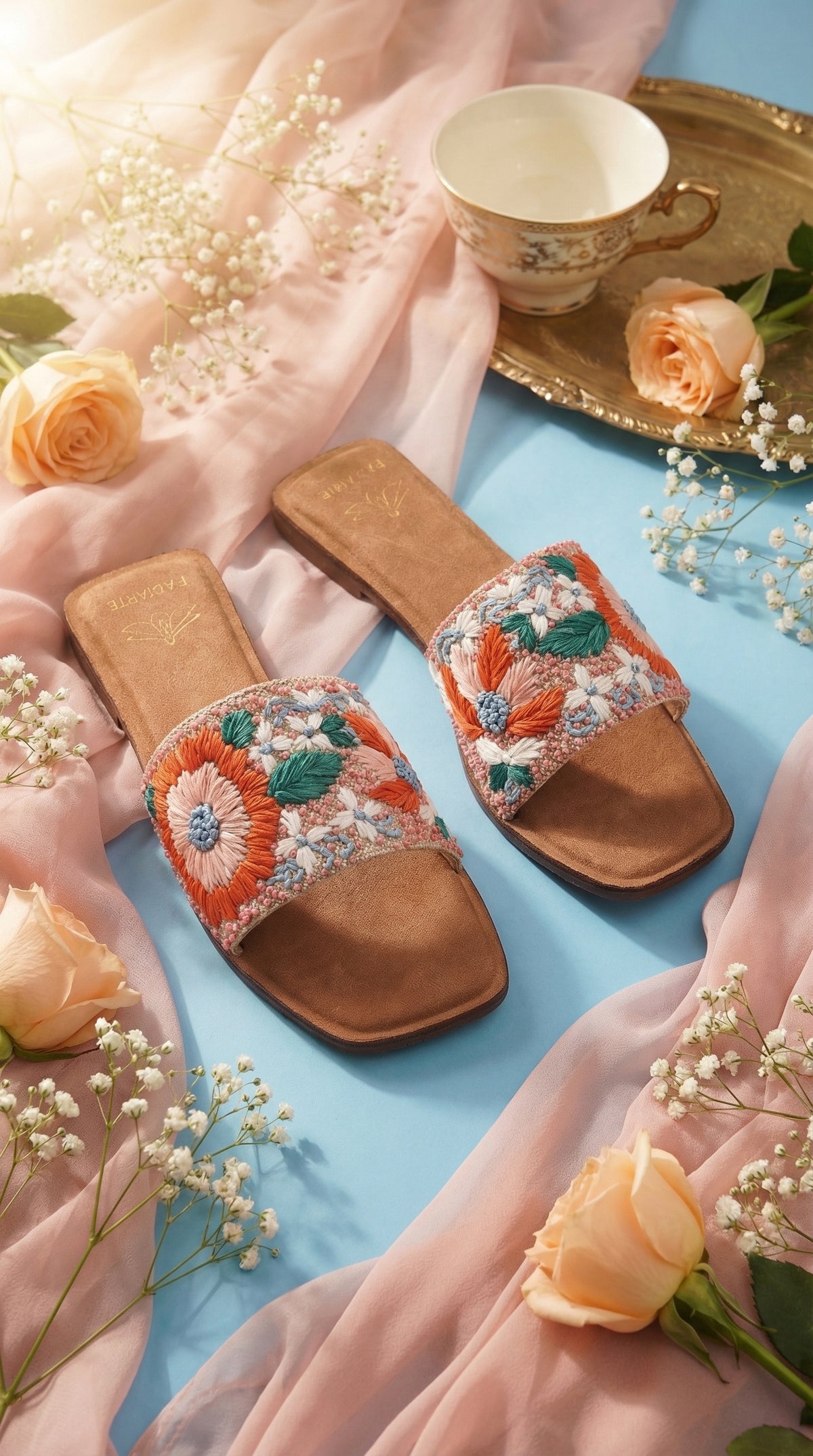 Phool Orange Pink Floral Embroidered Slide Flat Pair – Top View on Sky Blue with Wildflowers by Radiarte