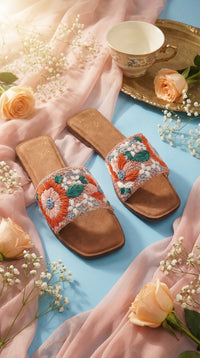 Phool Orange Pink Floral Embroidered Slide Flat Pair – Top View on Sky Blue with Wildflowers by Radiarte
