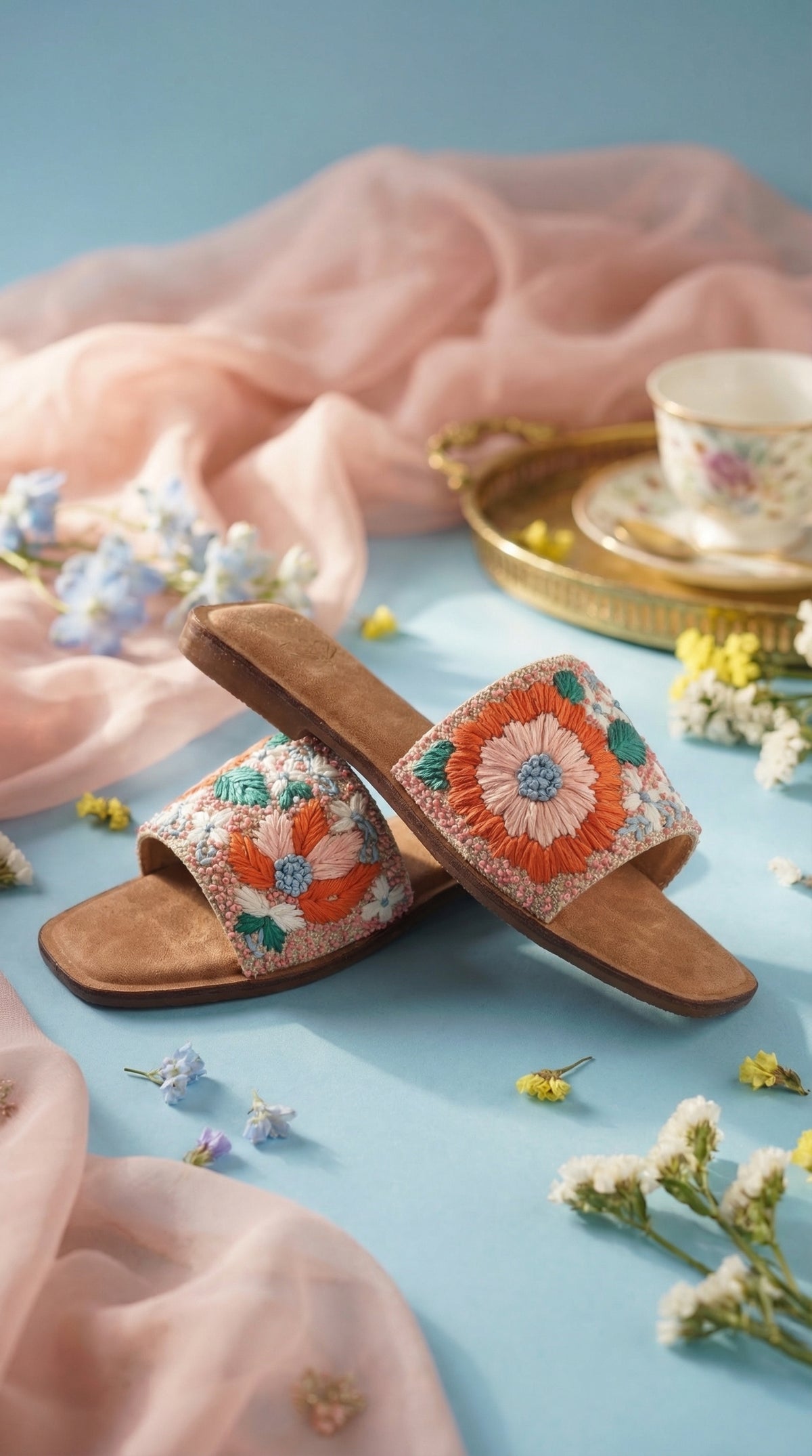 Phool Multicolour Floral Slide Flat – Diagonal View with Teal Leaf Motif & Baby's Breath by Radiarte