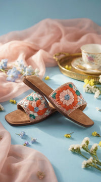Phool Multicolour Floral Slide Flat – Diagonal View with Teal Leaf Motif & Baby's Breath by Radiarte
