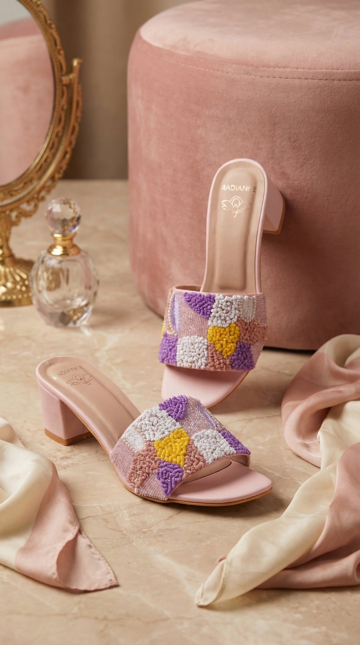Phulkari Blush Pink Pastel Checkerboard Punch Needle Block Heel Mule by Radiarte – Display with Pink Ottoman & Perfume