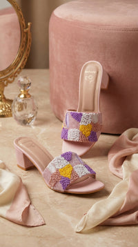 Phulkari Blush Pink Pastel Checkerboard Punch Needle Block Heel Mule by Radiarte – Display with Pink Ottoman & Perfume