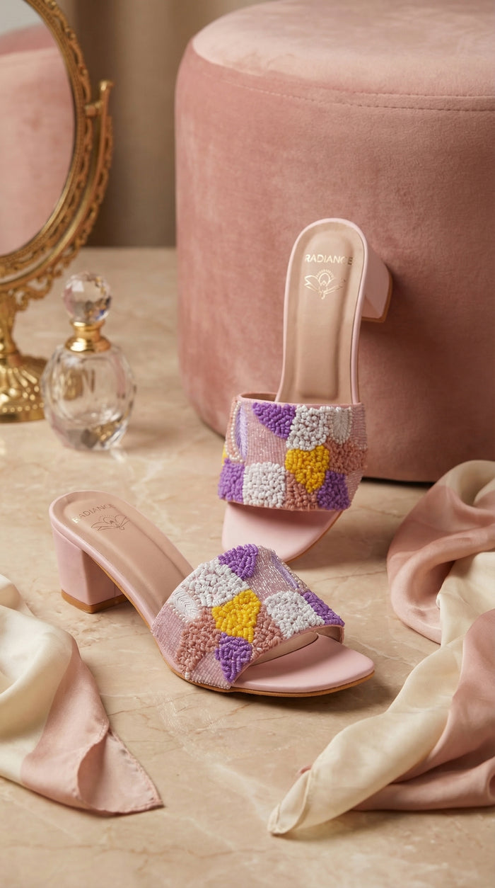 Phulkari Blush Pink Pastel Checkerboard Punch Needle Block Heel Mule by Radiarte – Display with Pink Ottoman & Perfume