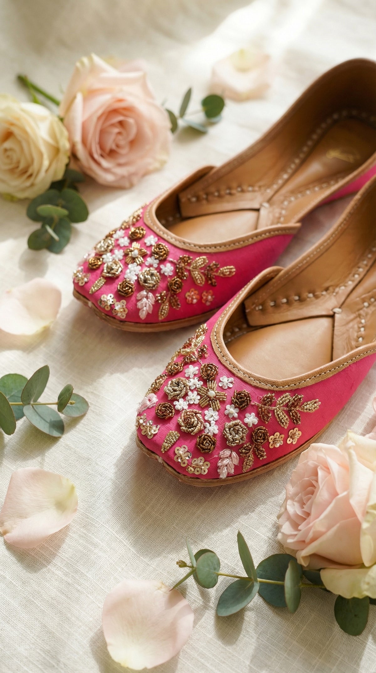 Jugnu Handcrafted Pink Jutti with Gold Rose Motifs – Top View by Radiarte