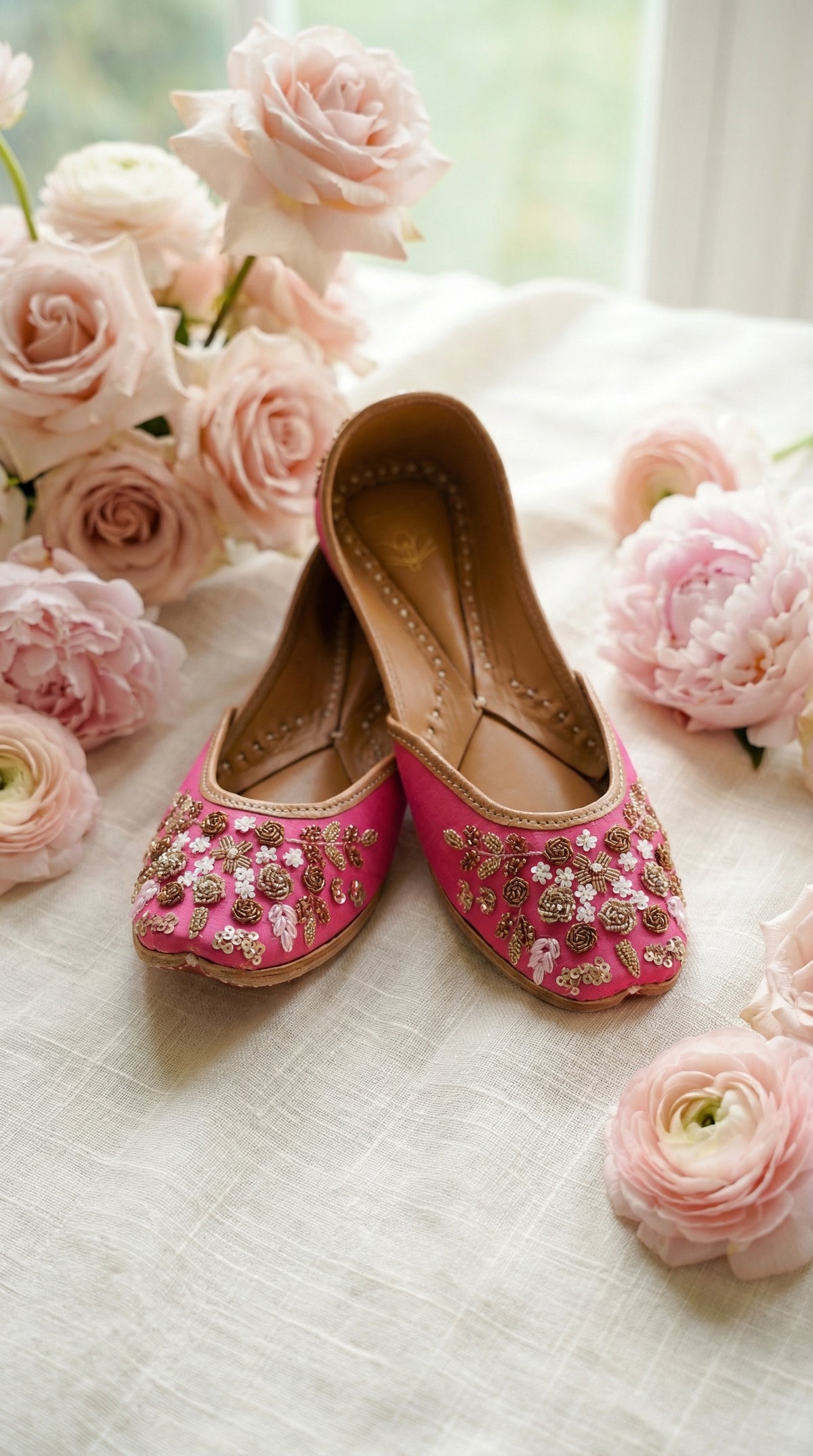 Jugnu Hot Pink Jutti Pair with White Flower Embroidery – Floral Backdrop by Radiarte