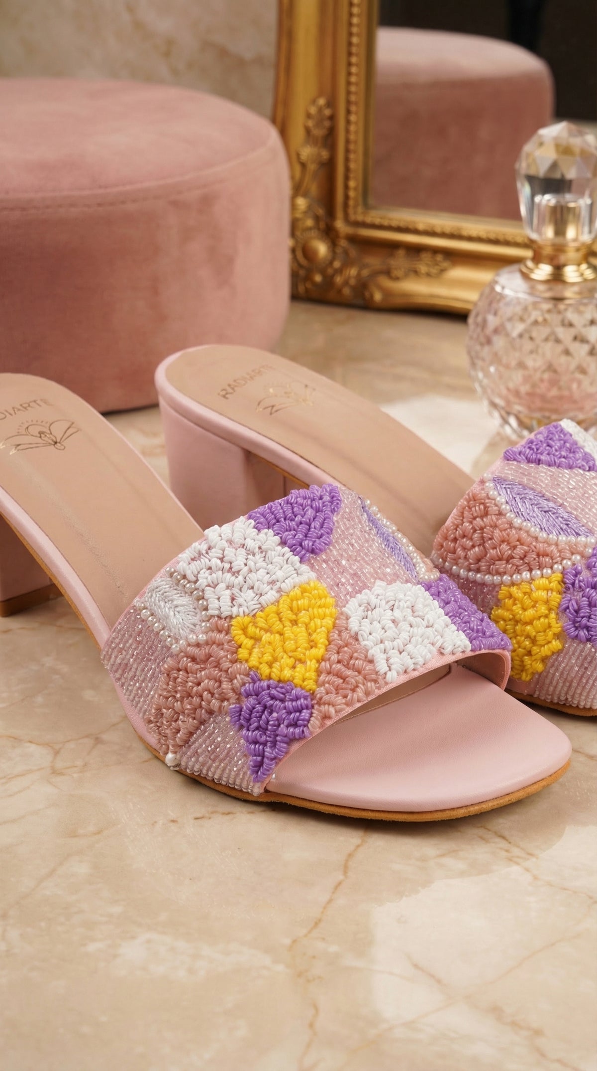 Phulkari Pastel Checkerboard Block Heel Mule Close-Up with Bead Border – Radiarte
