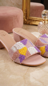 Phulkari Pastel Checkerboard Block Heel Mule Close-Up with Bead Border – Radiarte