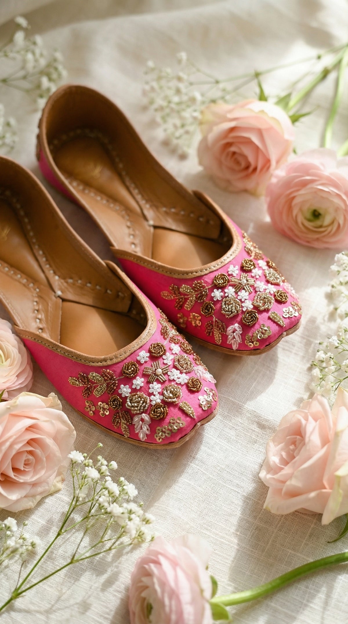 Jugnu Pink Gold Beaded Jutti – Flat Lay with Pink Roses & Baby's Breath by Radiarte