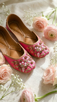 Jugnu Pink Gold Beaded Jutti – Flat Lay with Pink Roses & Baby's Breath by Radiarte