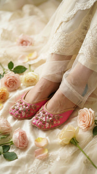 Jugnu Hot Pink Floral Jutti worn with Ivory Lehenga – Radiarte Festive Footwear