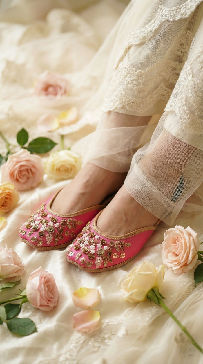 Jugnu Hot Pink Floral Jutti worn with Ivory Lehenga – Radiarte Festive Footwear