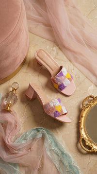 Phulkari Pastel Block Heel Mule – Top View Flat Lay with Gold Mirror & Pink Tulle by Radiarte