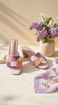 Phulkari 2.0 Handcrafted Punch Needle Block Heel Slide – Front View with Lilac Blooms & Pastel Scarf by Radiarte