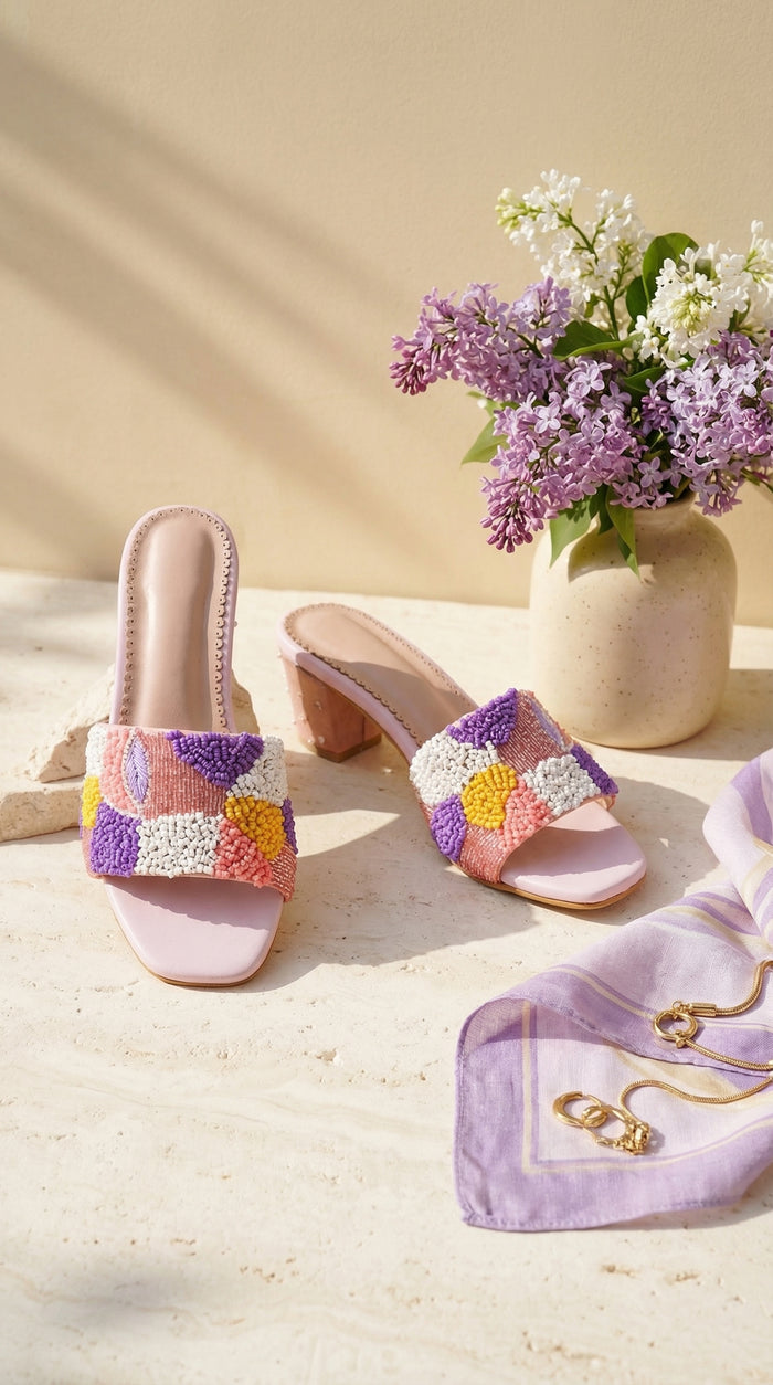 Phulkari 2.0 Handcrafted Punch Needle Block Heel Slide – Front View with Lilac Blooms & Pastel Scarf by Radiarte