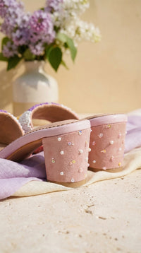 Phulkari 2.0 Pearl & Sequin Embellished Block Heel Close-Up – Radiarte