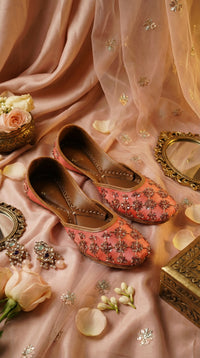 Heer Coral Pink Gold Floral Sequin Jutti by Radiarte – Side View Flat Lay