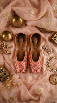 Heer Handcrafted Coral Jutti with Gold Cutdana Embroidery – Top View by Radiarte