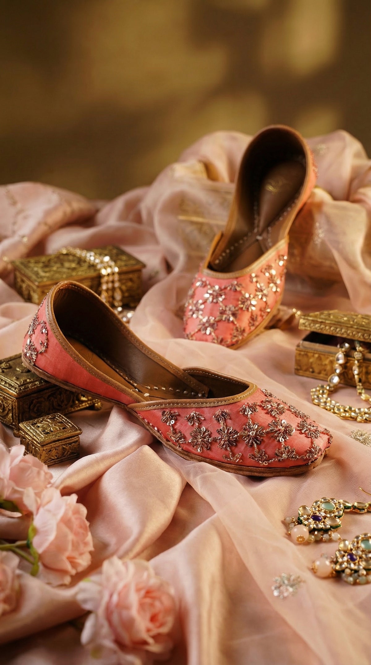 Heer Coral Pink Jutti with Gold Sequin Motifs – Side Display by Radiarte