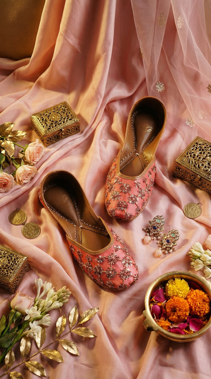 Heer Coral Gold Jutti – Flat Lay with Marigolds & Gold Decor by Radiarte
