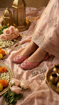 Heer Coral Pink Jutti worn with Peach Lehenga – Radiarte Bridal Footwear
