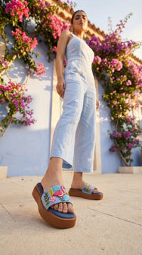 Coral Denim Flamingo Flatform worn with White Co-ord – Radiarte Resort Wear