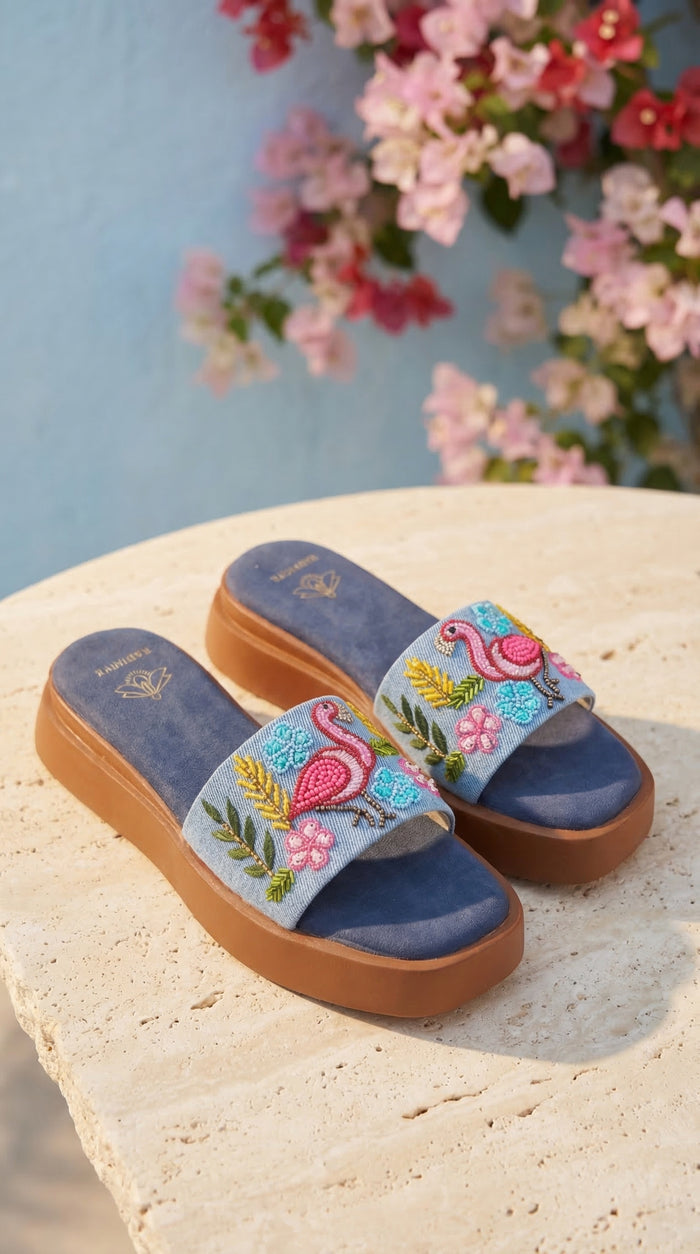 Coral Blue Denim Flamingo Flatform Slide by Radiarte – Side View
