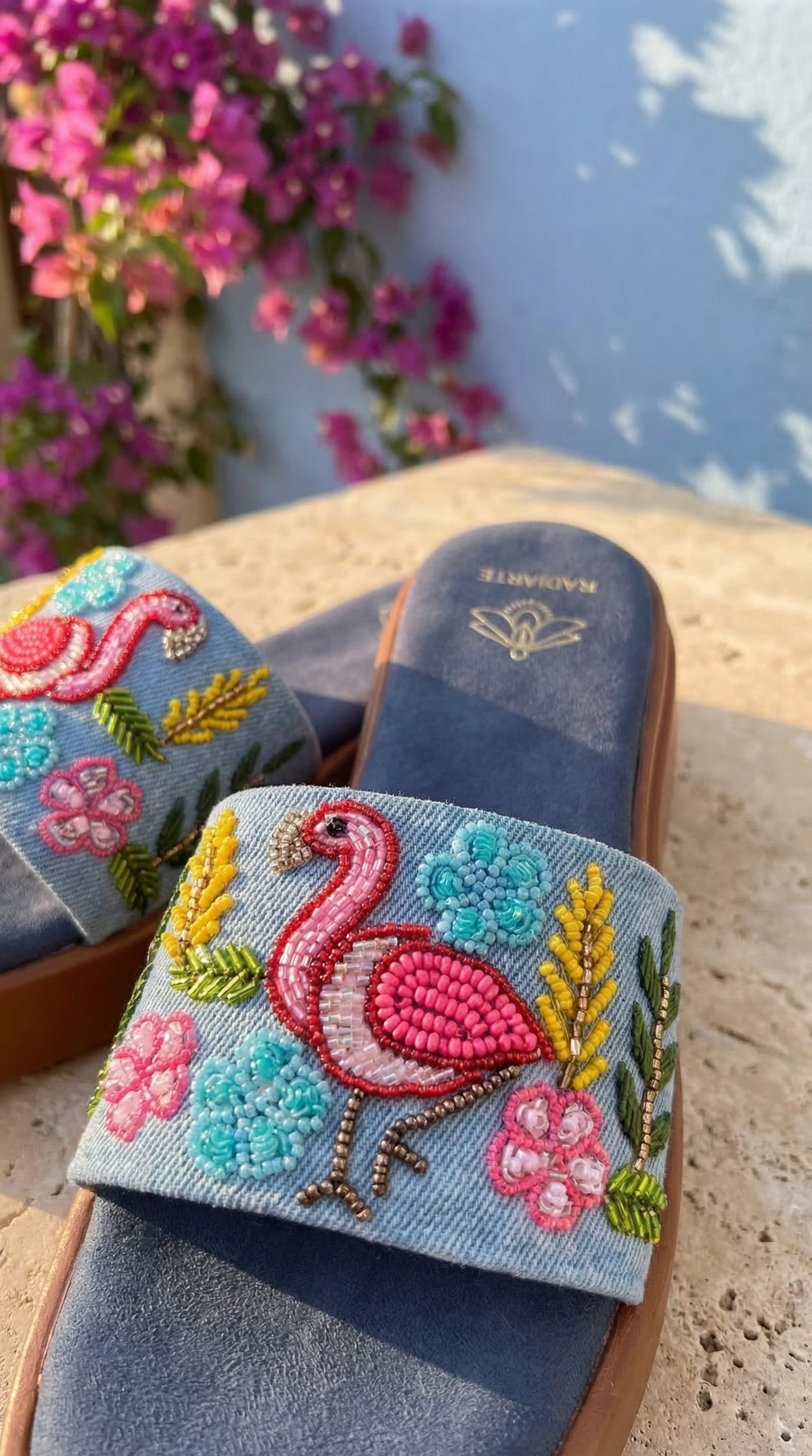 Coral Handcrafted Flamingo Bead Embroidery Flatform – Close Up Detail by Radiarte