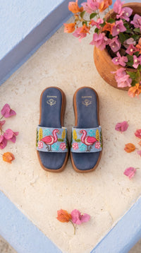 Coral Blue Denim Flatform Slide – Top View with Bougainvillea by Radiarte
